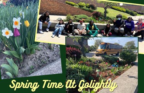 Mr. Thomas and students sitting in front of front flower garden area of Golightly CTC.  